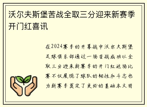 沃尔夫斯堡苦战全取三分迎来新赛季开门红喜讯