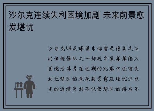 沙尔克连续失利困境加剧 未来前景愈发堪忧