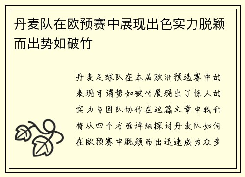 丹麦队在欧预赛中展现出色实力脱颖而出势如破竹