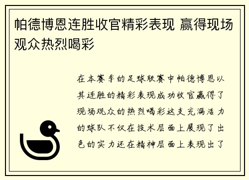 帕德博恩连胜收官精彩表现 赢得现场观众热烈喝彩