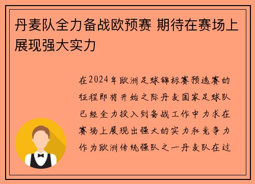 丹麦队全力备战欧预赛 期待在赛场上展现强大实力