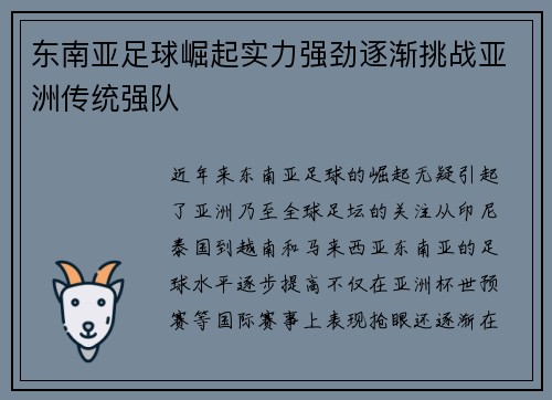 东南亚足球崛起实力强劲逐渐挑战亚洲传统强队