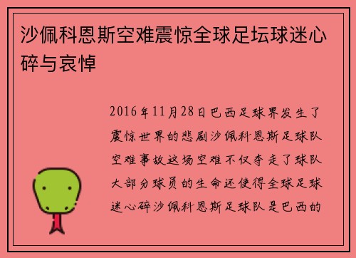 沙佩科恩斯空难震惊全球足坛球迷心碎与哀悼